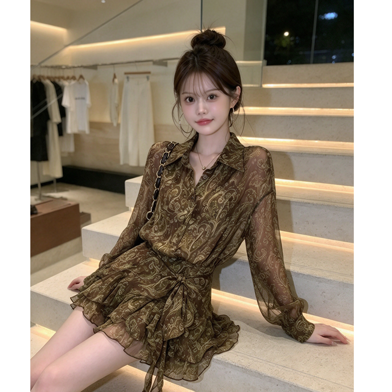 BY36598# 法式御姐风气质碎花长袖连衣裙女巨好看的早秋系带收腰显瘦衬衫裙  服裝批發女裝批發服飾貨源