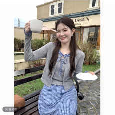 批发火火火【撞色格子】韩版格子拼接绑带吊带开衫套装