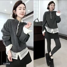 批发玖了个玖 2025冬款 极简百搭蕾丝拼接下摆半高领卫衣