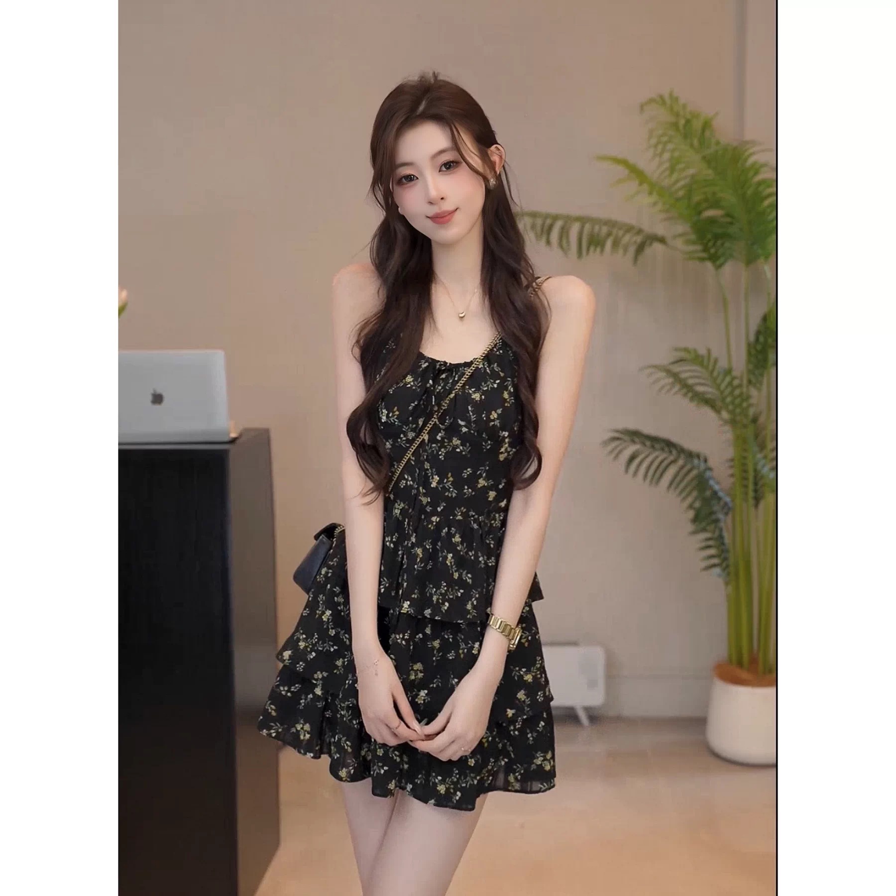 yuanliansu 둥근 얼굴 파삭 파삭 한 브라만 납 슬림해 보이는 품격 여름 민소매 꽃무늬 슬립 드레스