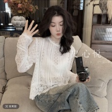 批发【悦悦专属】早春新款高级感重工蕾丝拼接长袖衬衣