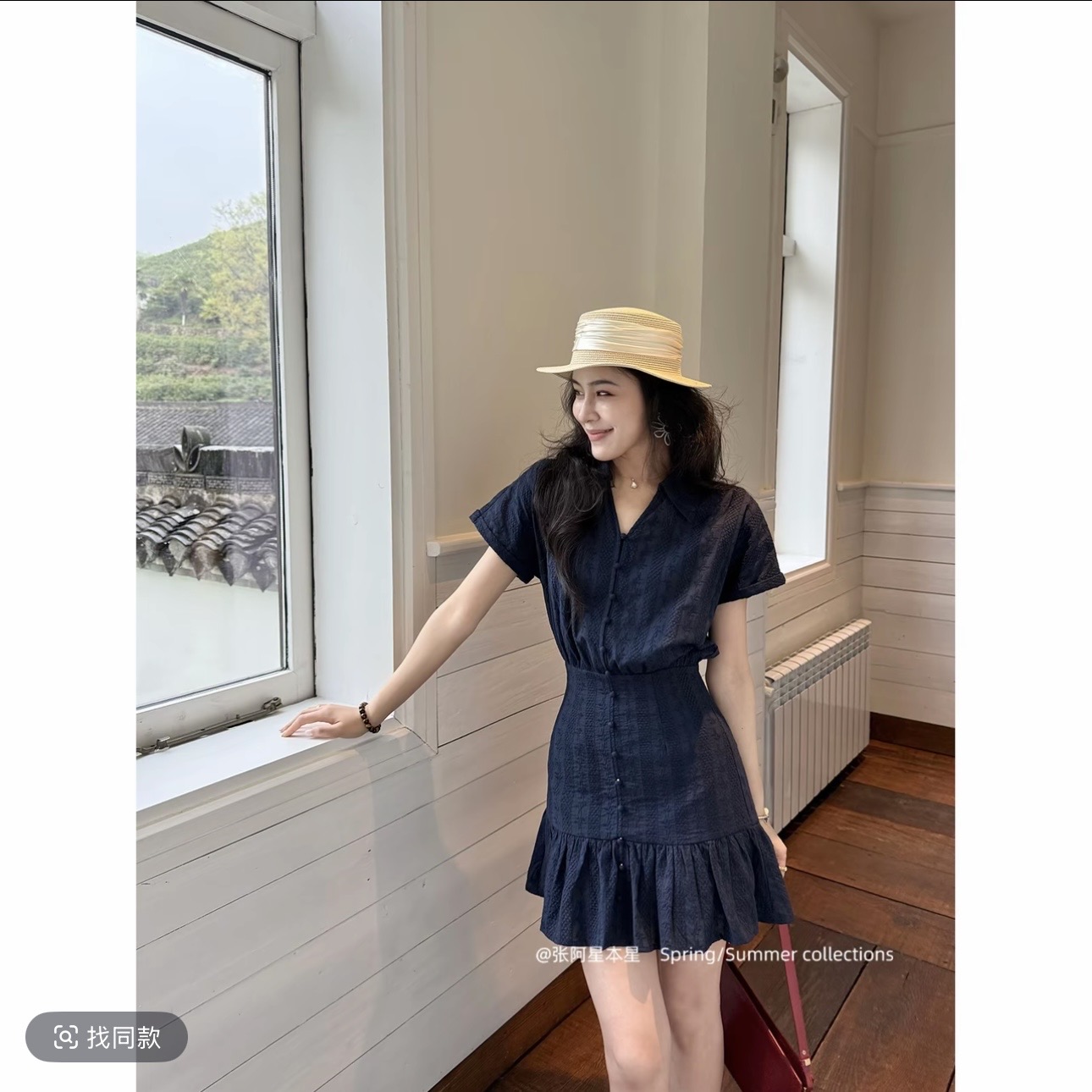장 A 스타 블루스 참고 해군 miu 부서 자카드 소녀 센스 연령 감소 프랑스식 허리 수축 드레스
