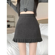 批发微胖mm花边毛呢短裙女秋冬高腰显瘦a字呢子百褶裙百搭灰色半身裙