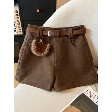 批发大码美拉德咖色a字呢子直筒裤女秋冬靴裤高腰显瘦配腰带毛呢短裤