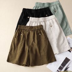 批发夏季新款高端棉麻短裤女松紧腰A字阔腿裤宽松休闲纯色五分裤子