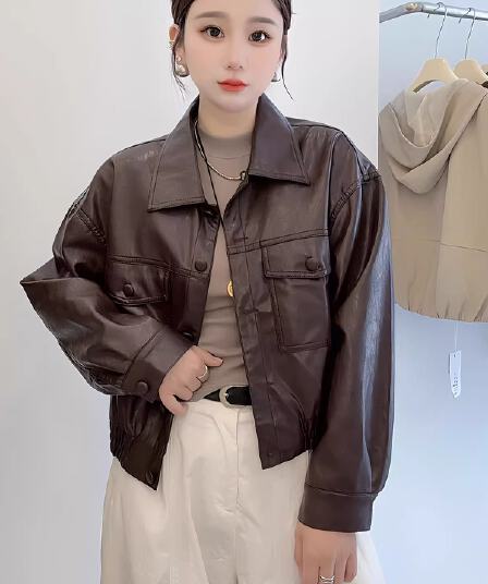 송 능가 같은 단락 2025 가을 겨울 새로운 패션 레트로 pu 가죽 자켓 폴로 칼라 루즈핏 가을 어깨 소매 오토바이 서비스