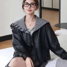 批发韩系甜酷俏皮2026早秋新款设计感海军领皮衣夹克女休闲款外套