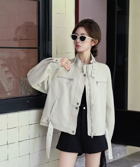 실사 이른 가을 유럽 팬 재킷 가죽 여성 코트 트렌디 섹션 긴팔 스탠드 칼라 캐주얼 지퍼 패션 다용도 쇼트 스타일 폭발