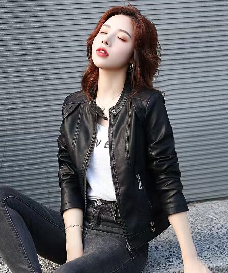 비 실사 여성 짧은 가죽 자켓 몸매 가꾸기 슬림해 보이는 가을 겨울철 라운드 넥 새로운 잘 생긴 하이웨이스트 오토바이 월렛 극복하다
