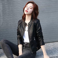 批发非实拍女短款皮外套修身显瘦秋冬季圆领新款帅气高腰机车皮夹克服