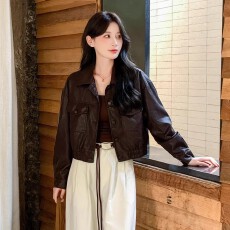 批发明星同款春秋新款时尚复古皮外套翻领宽气质百搭宽松落肩袖<b class='q'>机车</b>服