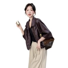 批发明星同款气质百搭春秋冬新款时尚复古皮外套翻领宽松落肩袖<b class='q'>机车</b>服