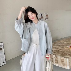 批发高级感韩系松弛感条纹拼接外套<b class='q'>女</b>2026春秋季小个子简约立领皮夹克