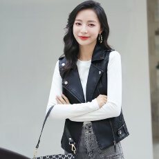 批发实拍春秋款复古无袖机车外套<b class='q'>街头</b>帅气pu皮翻领拉链马甲夹克外套女