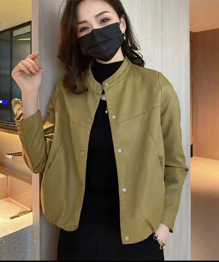 비 실사 가죽 재킷 재킷 유럽 상품 라운드 넥 패션 다용도 작은 키 루즈핏 밑단 밴딩 가죽 자켓 여성 재킷
