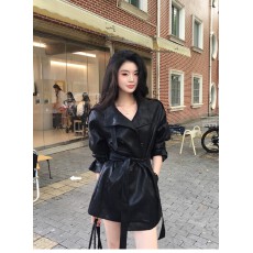 批发酷飒复古双排扣风衣外套女2026秋季新款时尚韩系气质收腰显瘦皮衣