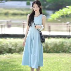 批发设计感无袖背心连衣裙女夏季2025新款气质鱼骨线收腰显瘦a字长裙
