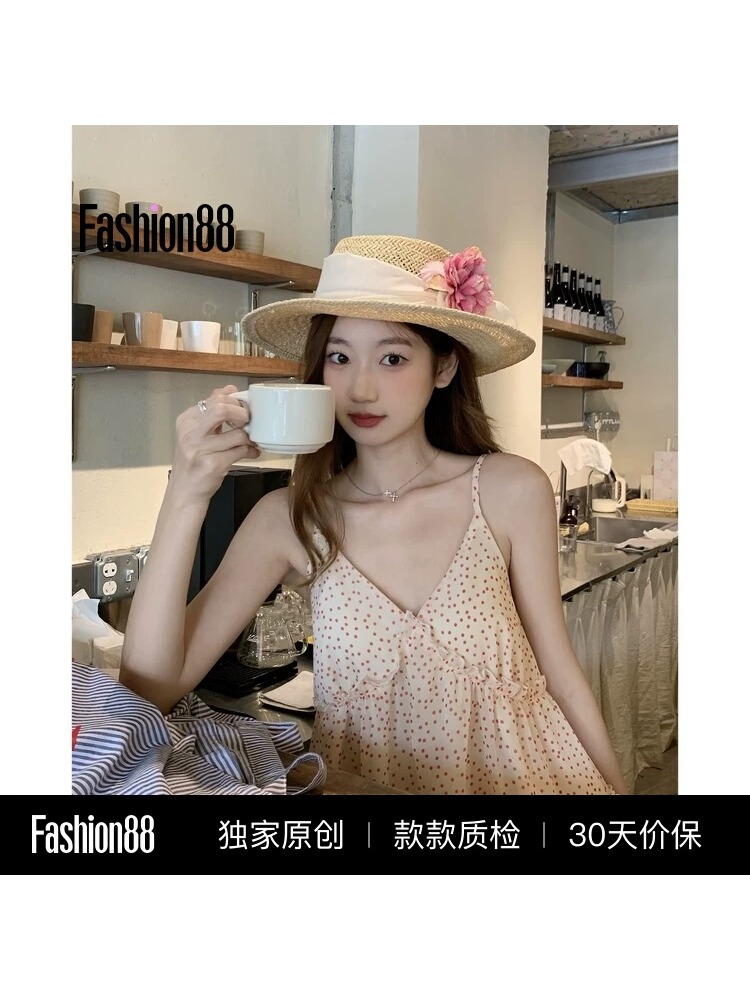 주간 실크 원단 네리 명중 가져 가라. 도트 무늬 케이크 연꽃 잎 레이스 캐미솔 디자인 센스 소녀 첨부 된 의류
