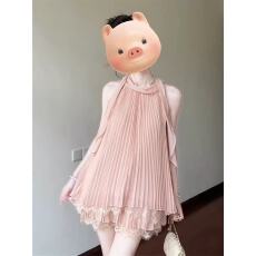 批发夏日绝美巨好看<b class='q'>套装</b>蕾丝压褶挂脖无袖上衣女夏季<b class='q'>雪纺</b>短裤两件套
