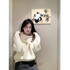 批发【白茶茉莉】<b class='q'>亦</b><b class='q'>谷</b>围巾v领毛衣女2025冬季新款宽松休闲针织衫上衣