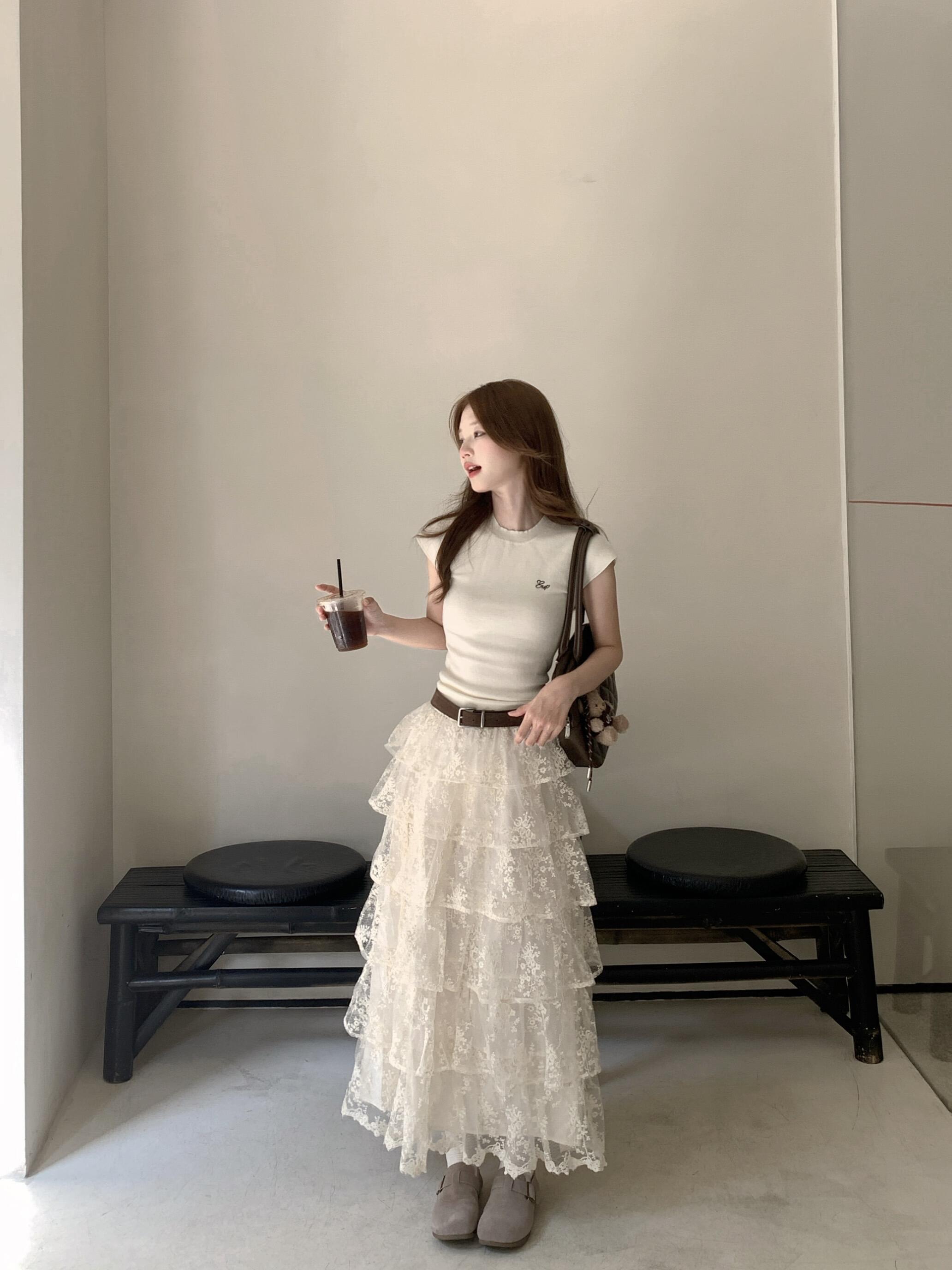 요정 가스 센스 부드러운 레이스 반신 스커트 봄 여름 새로운 한 마디 하이웨이스트 퍼프 케이크 드레스 허리밴드 롱 코트 치마