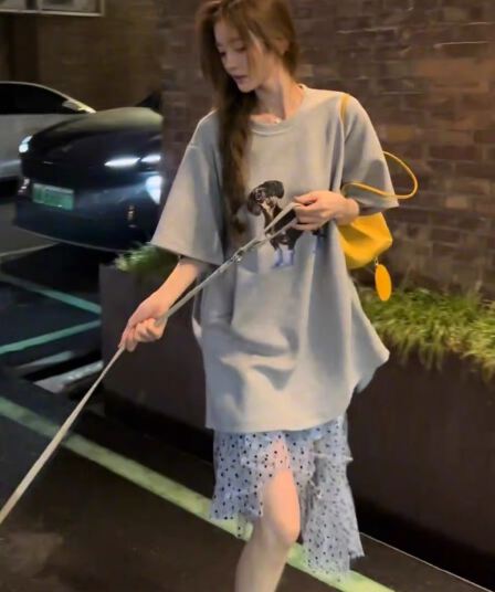 느긋한 바람을 피우다 롱 코트 강아지 프린트 반팔 티셔츠 불규칙 도트 무늬 망사 반신 스커트 캐주얼 두 조각 여성 세트