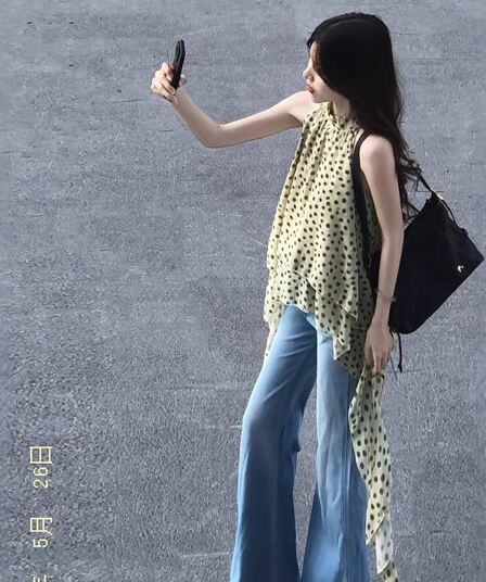 프랑스식 달콤한 스타일 루즈핏 연령 감소 행침 목 민소매 조끼 여성 여름 불규칙 리본 느슨함 센스 도트 무늬 맨위