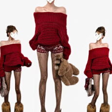 批发梅子专属秋冬季2025年慵懒风<b class='q'>一字肩</b>毛衣女御姐风新年红宽松针织