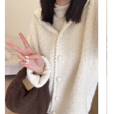 批发奶白色连帽圈圈毛毛衣外套女冬季宽松软糯加厚针织<b class='q'>开衫</b>上衣