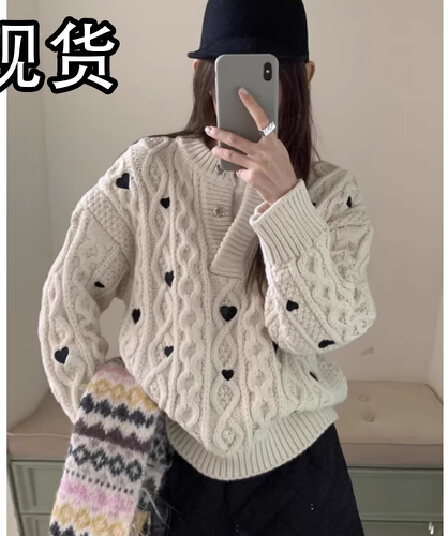 레트로 작은 대중 무거운 작업 꽈배기 짜임 하트 자카드 스웨터 여자 2025 겨울 새로운 두꺼운 보온 니트 스웨터