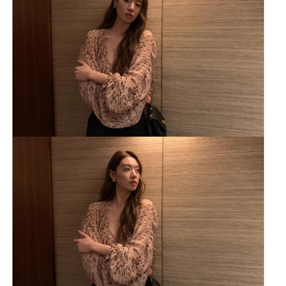 gakee official V넥 무늬 시폰 셔츠 여성 봄 섹션 빛 럭셔리 품격 루즈핏 통기성 긴팔 셔츠