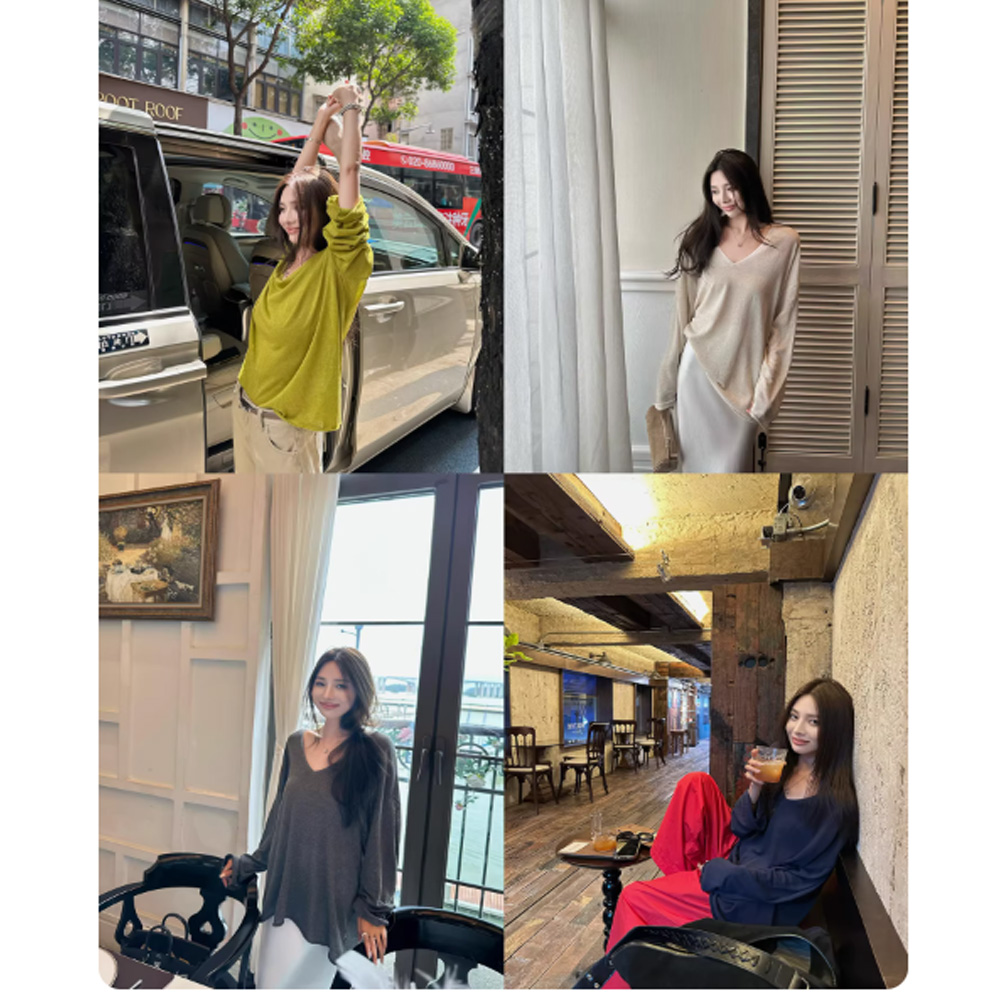 nanabynana 웨이 발 가을 주간 실크 아마 V넥 니트 스웨터 여성 봄 가을 다용도 루즈핏 맨위
