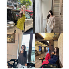 批发NanaByNana【维瓦尔秋季】天丝亚麻<b class='q'>v领</b>针织衫女春秋百搭宽松上衣