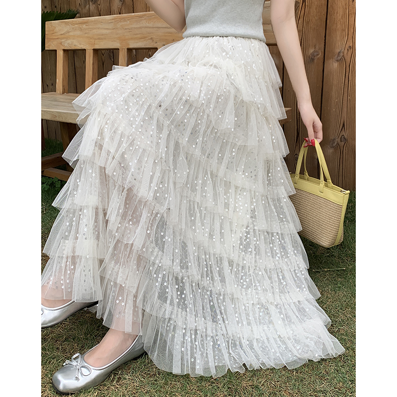 실사 높은 품질 새로운 무거운 작업 스팽글 망사 레이스 패치워크 하이웨이스트 한 마디 화이트 반신 롱 스커트 케이크 드레스