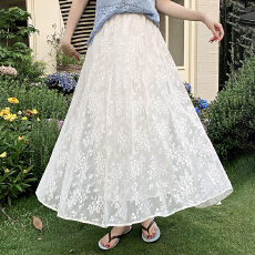 批发实拍法式重工刺绣蕾丝半身裙女高腰有口袋显瘦A字裙气质大摆裙
