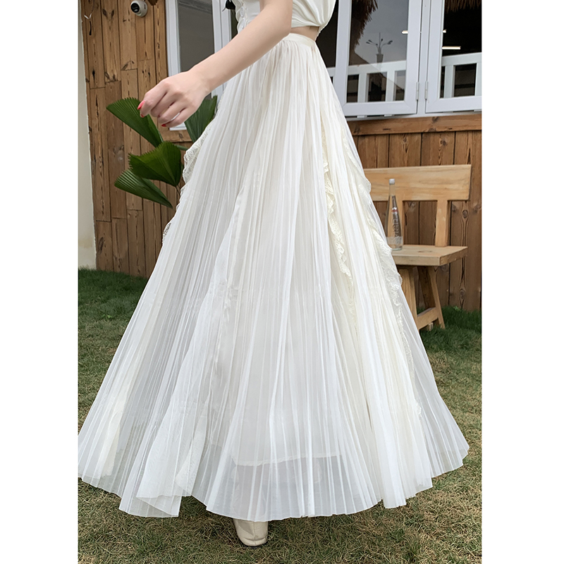 실사 높음 물품 레이스 조각 다시마 치마 한국 스타일 부드러운 품격 슬림해 보이는 중간 길이 거즈 스커트 슈퍼 요정 반신 스커트 여성