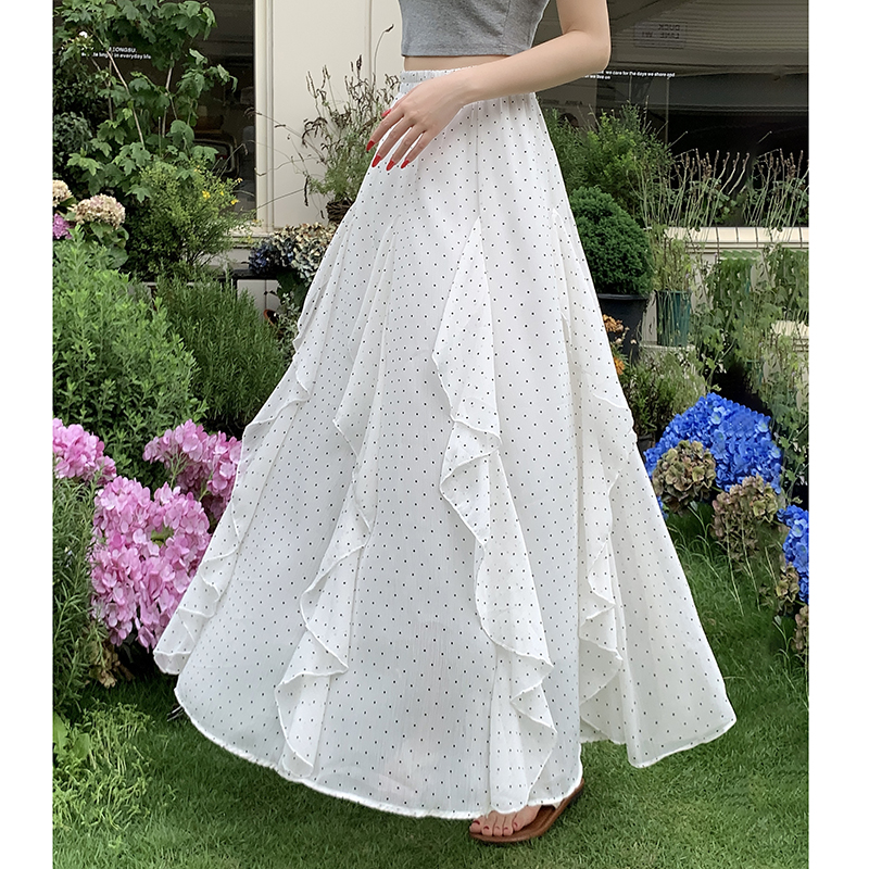 프릴 불규칙 도트 무늬 케이크 드레스 여성 여름 하이웨이스트 슬림해 보이는 한 마디 빅 플레어 스커트 캐주얼 플리츠 반신 스커트