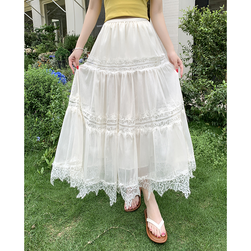 실사 프랑스식 레이스 조각 케이크 반신 스커트 여성 2026 여름 부드러운 바람 하이웨이스트 슬림해 보이는 큰 진자 A라인 스커트