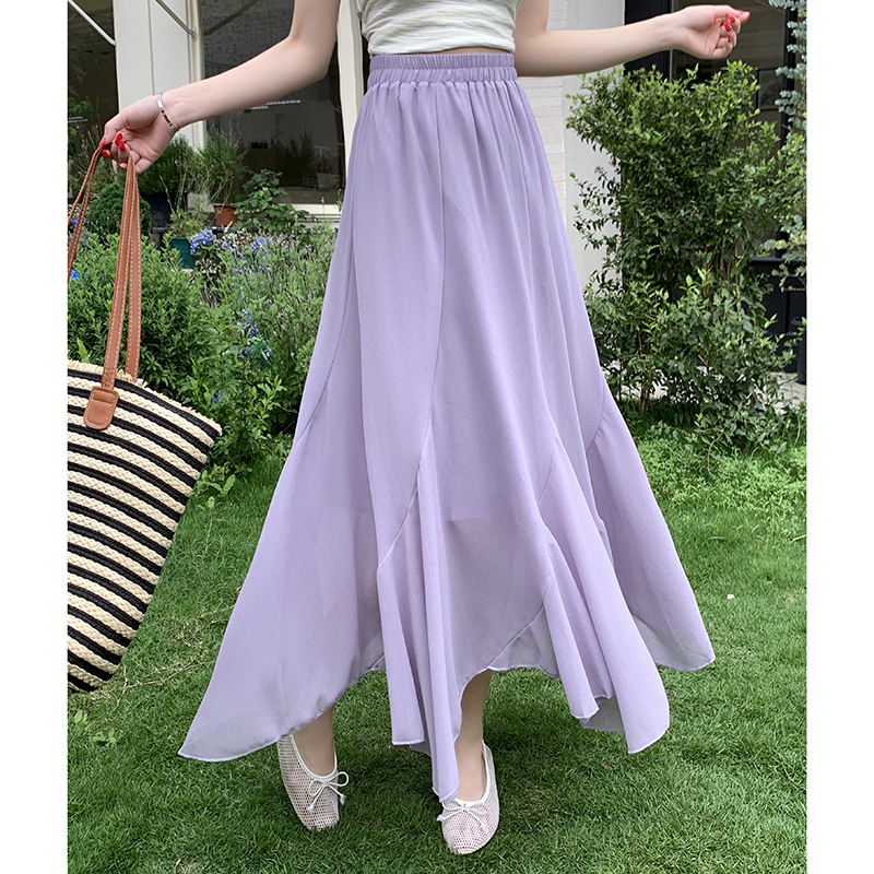 RY3554# 实拍荷叶边半身裙女夏季2026新款拼接设计感高腰垂坠雪纺鱼尾裙子