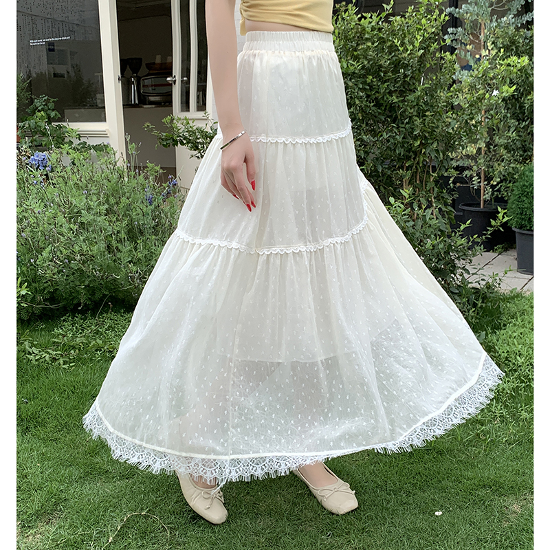 실사 프랑스식 프릴 레이스 조각 꽃무늬 반신 스커트 여성 여름 2026 하이웨이스트 한 마디 주름 케이크 드레스