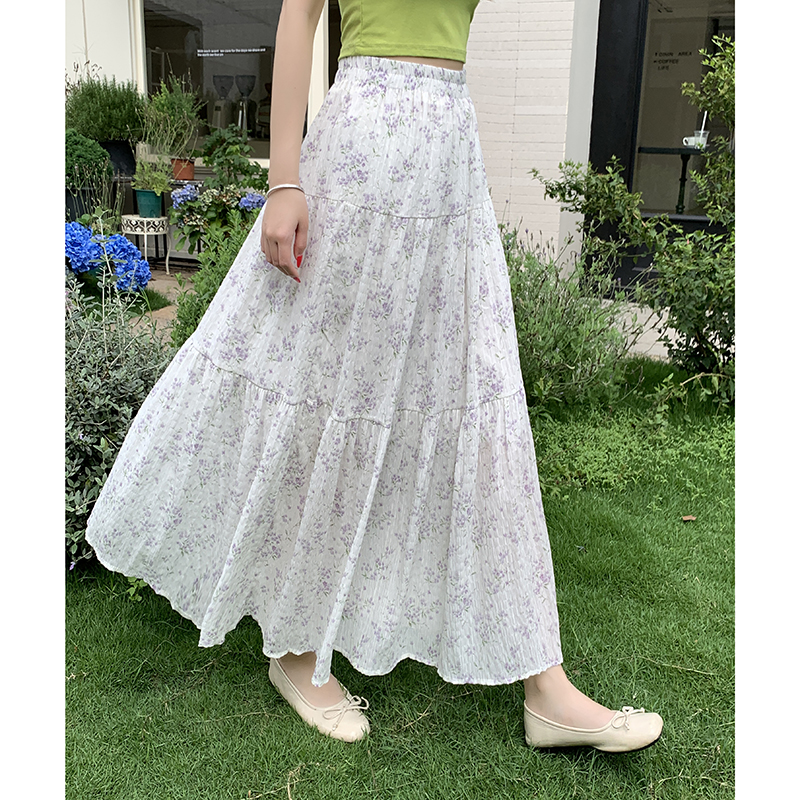 실사 신선함 레트로 질감 센스 하이웨이스트 꽃무늬 쉬폰 반신 스커트 봄 여름 중간 길이 패치워크 한 마디 케이크 드레스