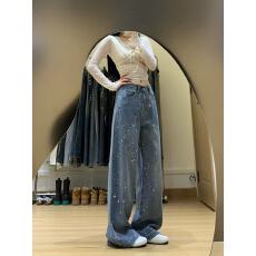 批发设计感满天星镶钻<b class='q'>牛仔裤</b>女2025秋季新款宽松阔腿裤显瘦拖地长裤子