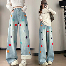 批发圣诞复合绒刺绣阔腿<b class='q'>牛仔裤</b>女冬季加绒欧货宽松小个子垂感休闲裤潮