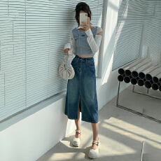 批发高腰开叉牛仔半身裙女2026新款<b class='q'>春</b>秋款小个子a字半裙复古包臀长裙