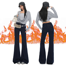 批发丹宁蓝高腰微喇牛仔<b class='q'>裤</b>女秋季加绒新款<b class='q'>提</b><b class='q'>臀</b>弹力显瘦双扣拖地马蹄<b class='q'>裤</b>