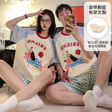 批发缤果睡衣带胸垫春夏季拉架仿棉<b class='q'>情侣</b><b class='q'>睡衣</b>男女<b class='q'>短袖</b>家居服套装