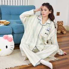 批发缤果睡衣 春秋冬季<b class='q'>韩版</b>睡衣女开衫翻领拉架仿棉卡通家居服