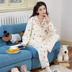 批发缤果睡衣 春秋冬季<b class='q'>韩版</b>睡衣女开衫翻领拉架仿棉卡通家居服