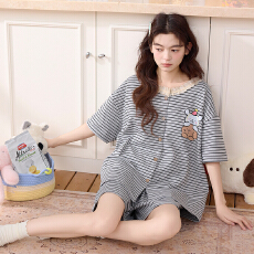 批发缤果睡衣夏季韩版拉架仿棉短袖睡衣女士开衫和服休闲家居服