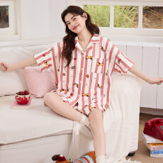 批发缤果睡衣夏季韩版短袖睡衣女士开衫翻领拉架仿棉休闲家居服